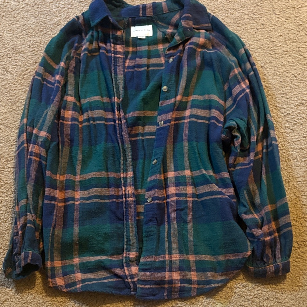 American Eagle Outfitters Green and Brown Plaid Shirt